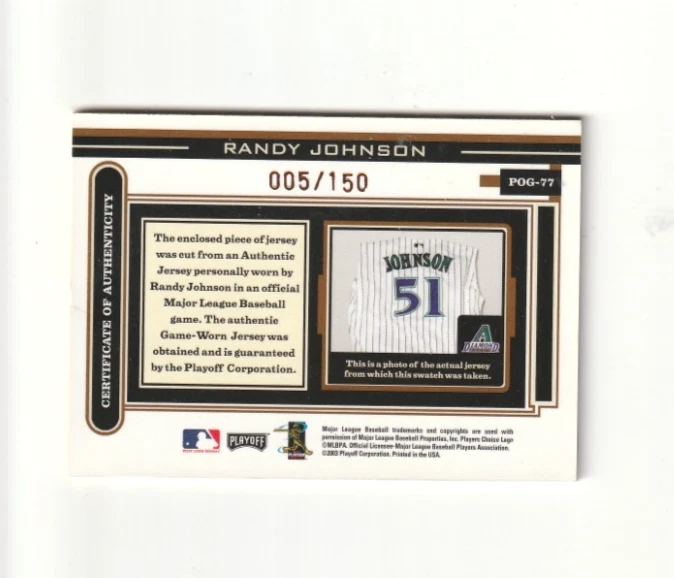 Playoff Piece Of The Game 2003 #005/150 Randy Johnson #POG-77 Ex+ Foto 2 de 2
