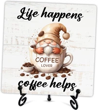 Coffee Desk Decor Sign, Life Happens Coffee Helps, Wooden Sign with Metal Stand,