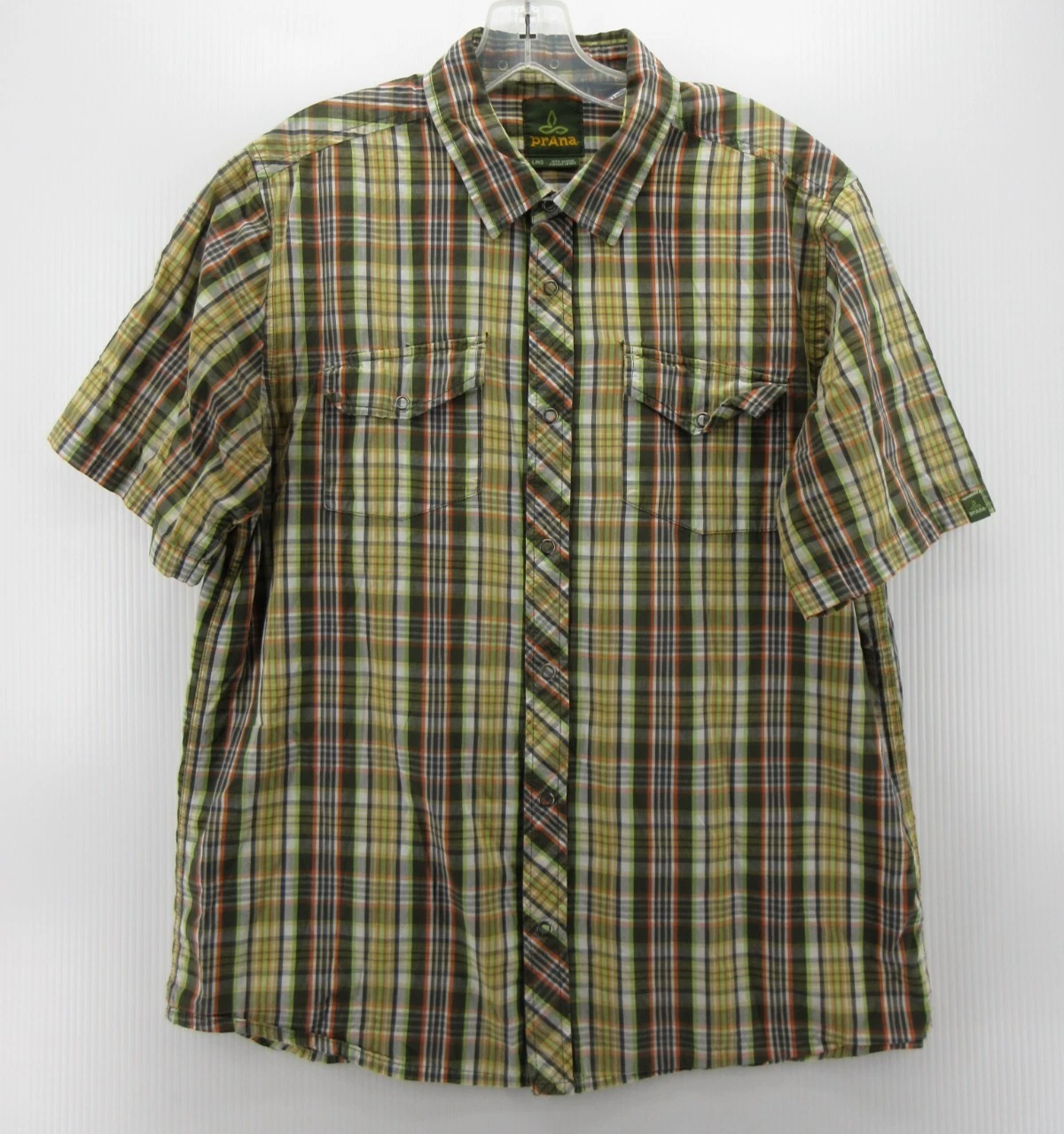 Prana Shirt Men Large Green Breathe Snap Button Plaid Hiking Organic Cotton