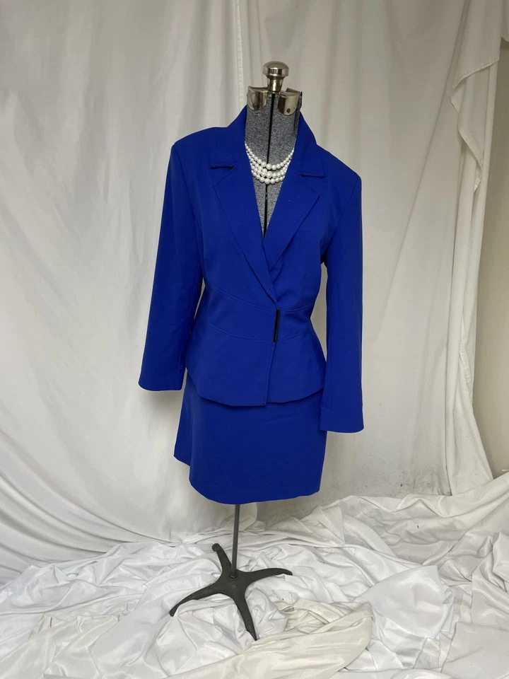 Traje Falda Calvin Klein Talla 14 Se Ajusta Como 12 Conjunto Dos Piezas Doble Pecho Azul Foto 4 de 4