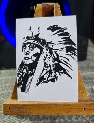 Original ACEO Native American Chief Warrior Ink Art Drawing Crazy Horse Painting