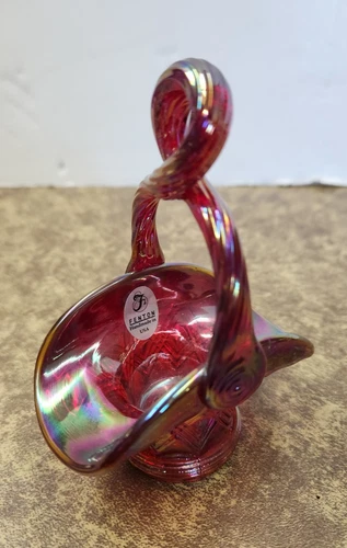 Fenton Red Iridescent Carnival Glass Looped Handle Mini Basket Original Sticker