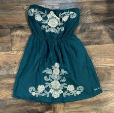 Billabong Teal Strapless Boho Babydoll Embroidered Floral Cotton Sundress S