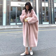 New Winter Womens Long 100% Real Wool Fur Coat Pink Long Thicken Outwear Jacket