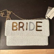 Antik Kraft Beaded Bridal Clutch Bag White/Gold/Silver with Chain Strap