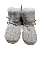 Cuddl Duds Chenille Cable Knit Bootie Slippers with Faux Fur Trim Grey Medium