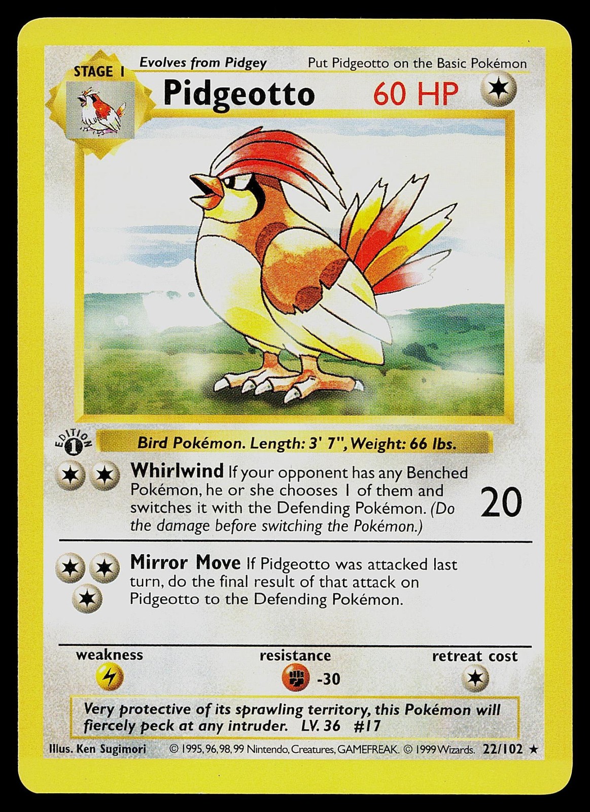 Pokemon Card - Pidgeotto Base Set Shadowless 22/102 1st Edition Rare