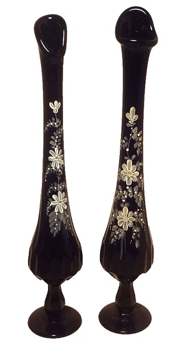 Nice Find! -PAIR of FENTON BLACK AMETHYST enameled SWUNG VASES signed N. GRIBBLE
