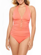 Time and Tru Women's Orange Honey Shirred Halter One Piece Swimsuit Size L
