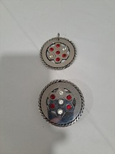Fancy Western Matching Belt Buckle  Pendant Silvertone Red Rhinestones Cowgirl