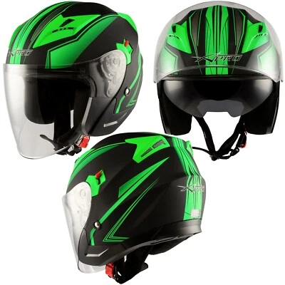 Casque Jet Moto Double Visière Scooter Certificat ECE 22-06 Noir Matt Vert - Photo 1/4