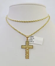 10k Solid Rope Chain 2mm Jesus Crucifix Cross Pendant Charm Necklace SET 18-24"