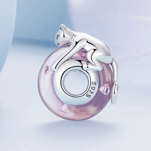 Bisaer 2 PCS Women 925 Silver Glass PINK Cat CZ Bead Charm Jewelry Fit Bracelets - Picture 5 of 15