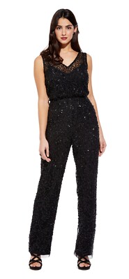 Adrianna Papell Black Sequin Beaded Jumpsuit with Illusion - Main Image