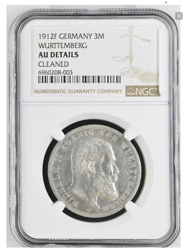 1912 F Germany Wurttemberg 3 Mark silver coin NGC AU