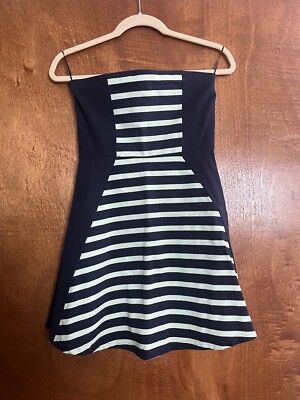 express cotton dress NWOT Express Small Strapless Fit And Flare Dress 95% Cotton Stripe Blue  Green