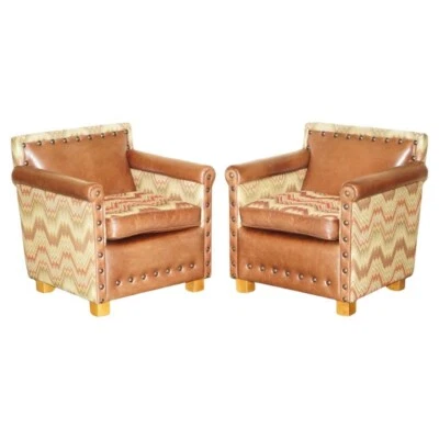 PAIR OF ANDREW MARTIN MARLBOROUGH BROWN LEATHER REVERSIBLE KILIM ARMCHAIRS - Image 1 of 4
