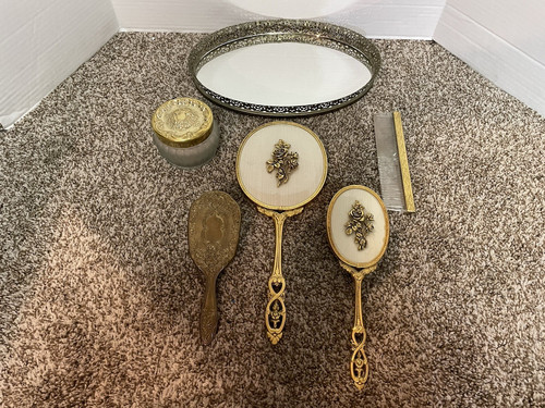 Vintage Gold Toned Vanity Set With Mirrored Tray Hand Mirror Brush Comb & More