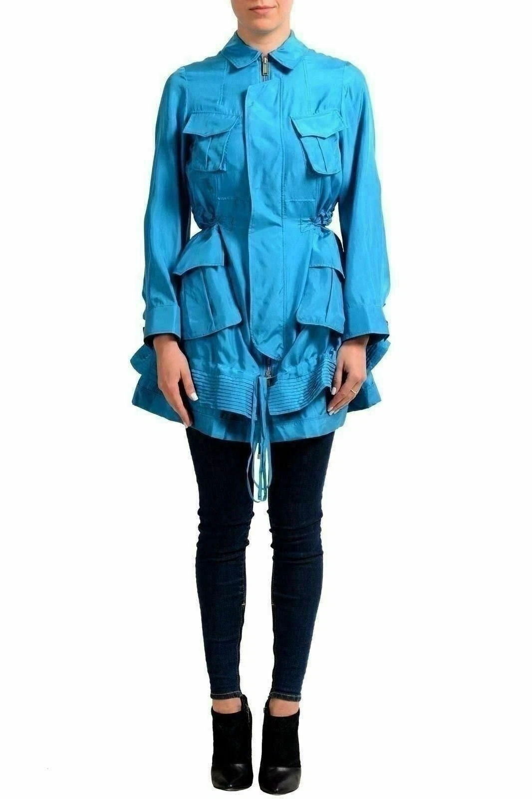 Cappotto base donna Dsquared2 100% verde seta pino cerniera intera US XS IT 38