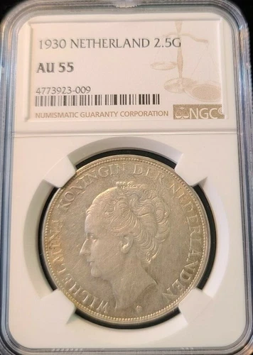 1930 NETHERLANDS SILVER 2.5 GULDEN WILHELMINA I NGC AU 55 BEAUTIFUL COIN