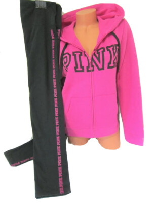 Victoria Secret Pink NEON FUSCHIA LOGO FULL ZIP HOODIE BLACK