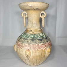 Large Vintage Vase Pottery Red Clay Tribal Ring Handles Carved Painted Folk Art