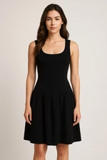 Azzedine ALAIA Dress 40 Black Knit Fit & Flare Pleated A Line Stripe Wool Womens