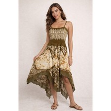 VTG 90s Boho Batik Smocked Handkerchief Dress Hippie Festival Fairy Grunge O/S