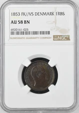 1853 FK/VS DENMARK 1RBS NGC CERTIFIED COIN AU 58 BN