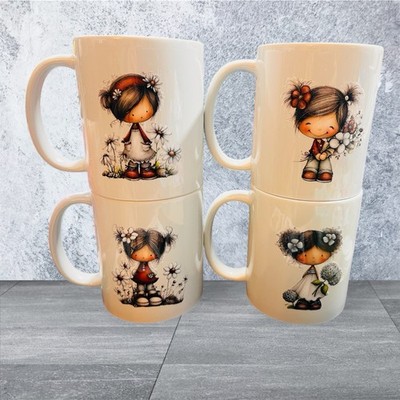 Handgefertigtes süßes Blumenmädchen Becher Set.   4er Set Tassen 