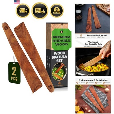 Wooden Spatula for Cooking Set of 2   12 Inch Teak Spatula Turner & Flipper f...