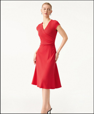 Plantive Stretch Cotton Surplice V-Neck Cap Sleeve Midi Dress