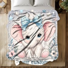 Personalized Baby Elephant Bow Coral Fleece Blanket Nursery Decor
