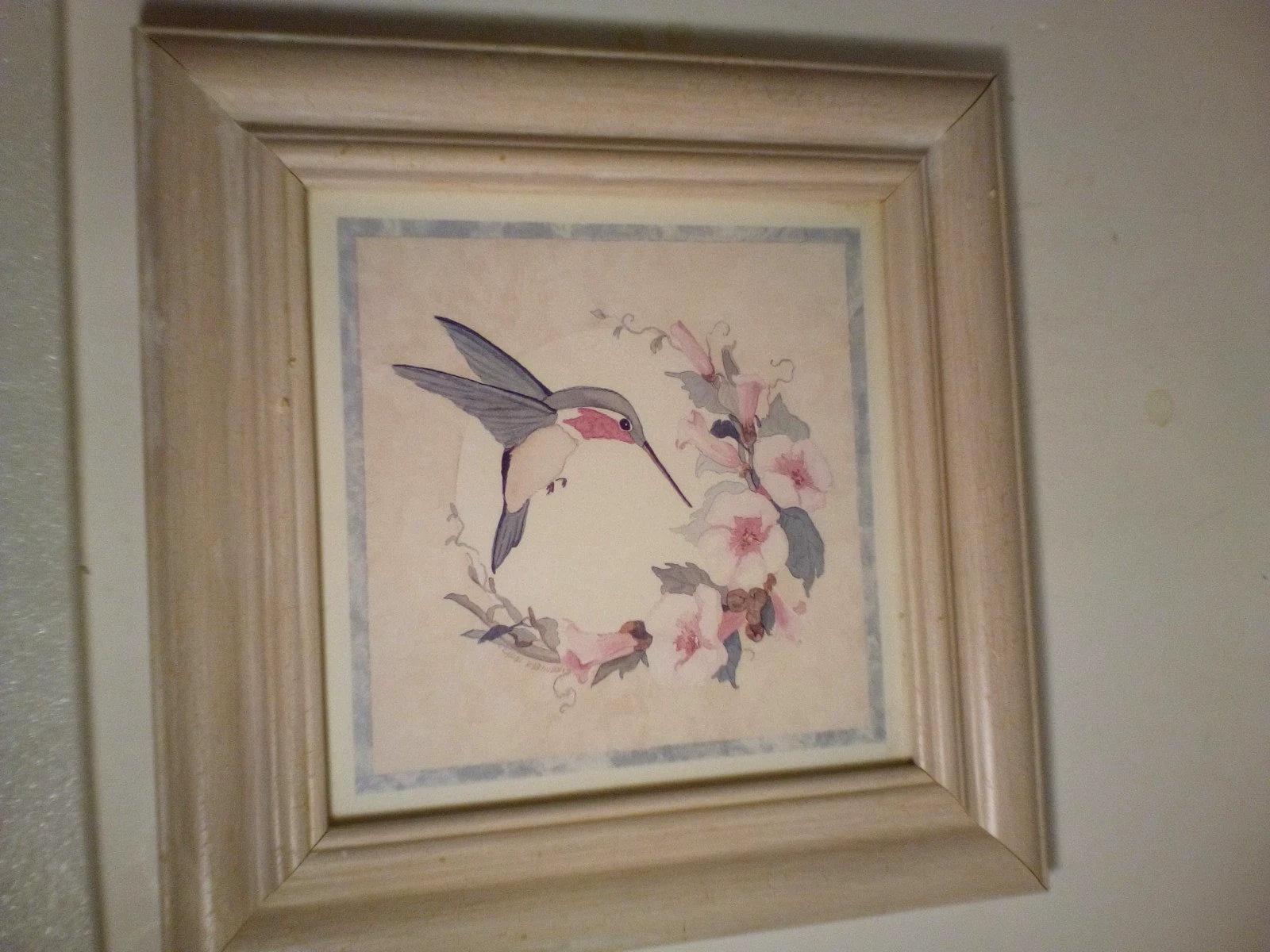 Hummingbird Floral Picture Wall Decor 11'' x 11'' Pastel White Wash Frame