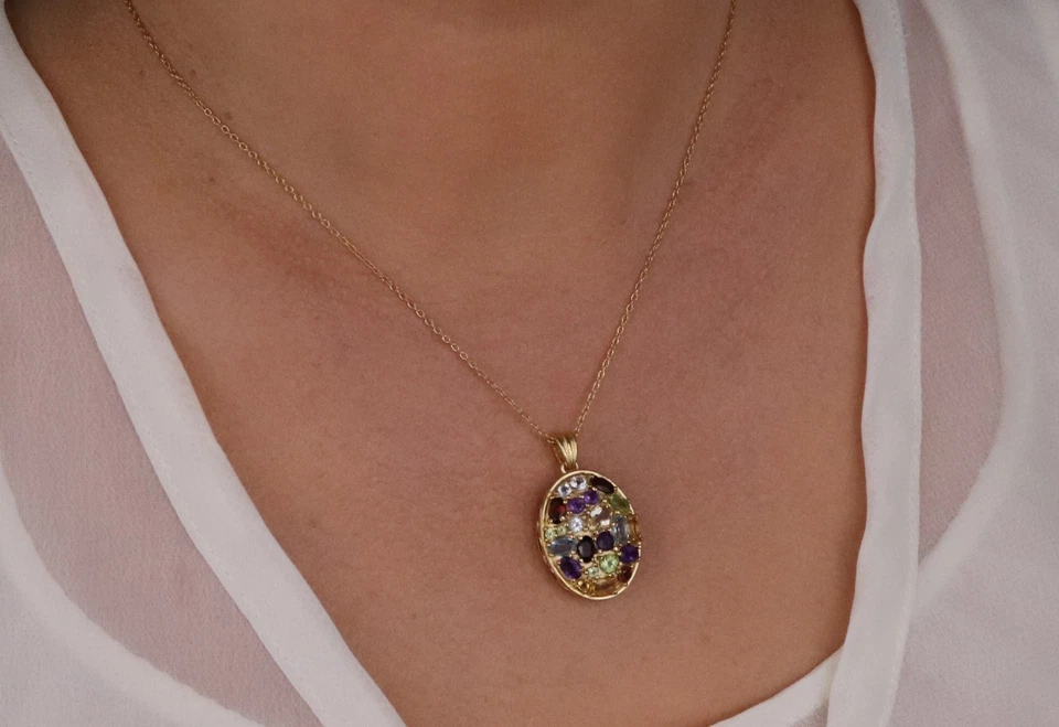 Gold Plate Over Solid Sterling Silver Multi Gemstone Necklace 18" inch - Image 2 of 4