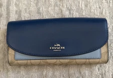 Coach Slim Envelope Wallet In Colorblock Blue Light Blue Beige Logo Leather