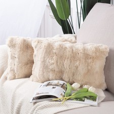 MADIZZ 2-Pack 12x20" Beige Thick Plush Wool Throw Pillow Covers Soft Neutral