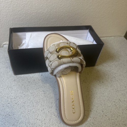 Coach Women’s Signature Logo Slide Sandals Beige Brown Gold Slip On EU 39