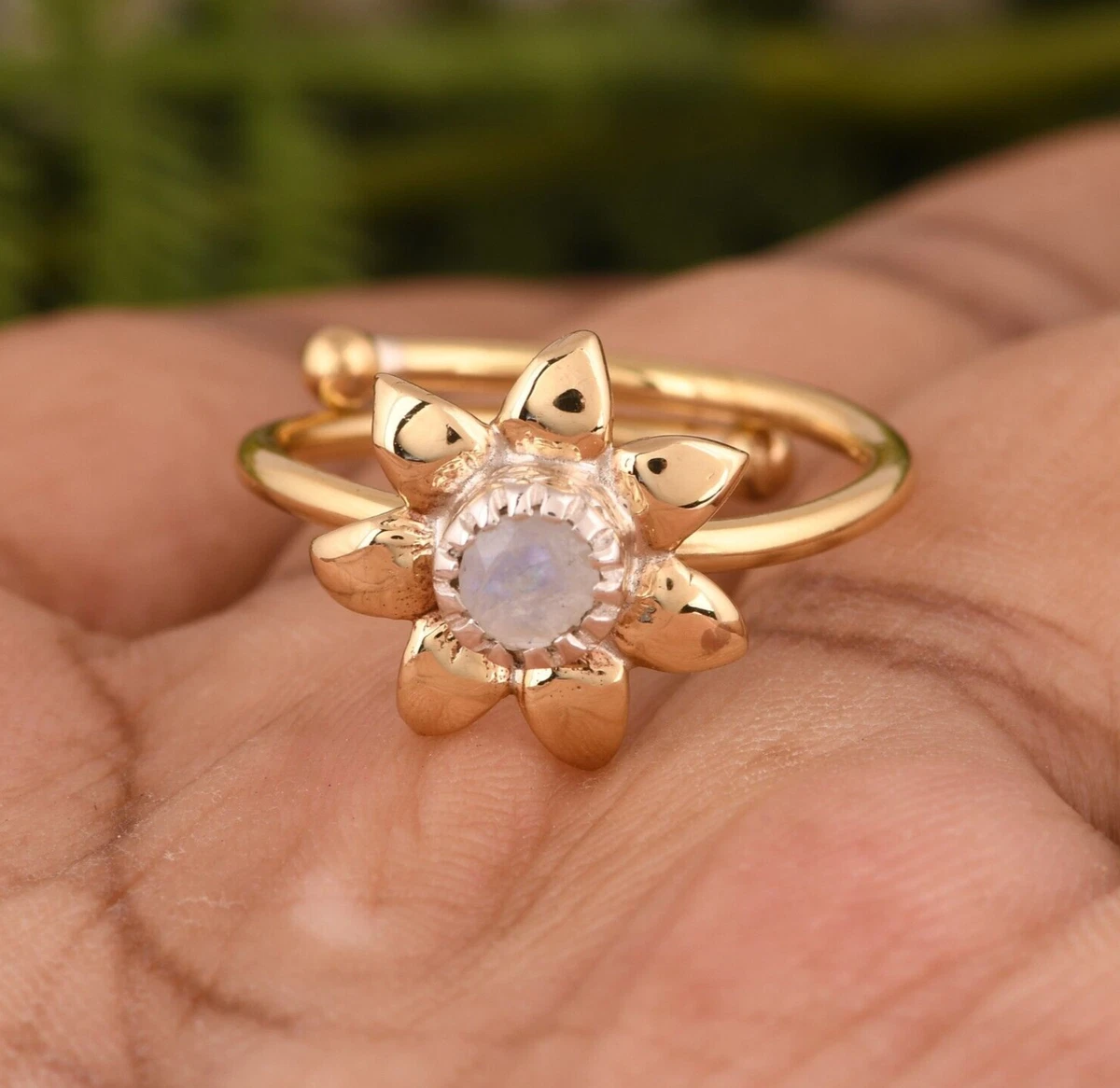 Sunflower Gemstone Rings Rainbow Moonstone 18k Gold Plated Brass