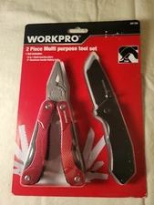 New in box Workpro 2 piece multitool (red) and folding knife (black) set 