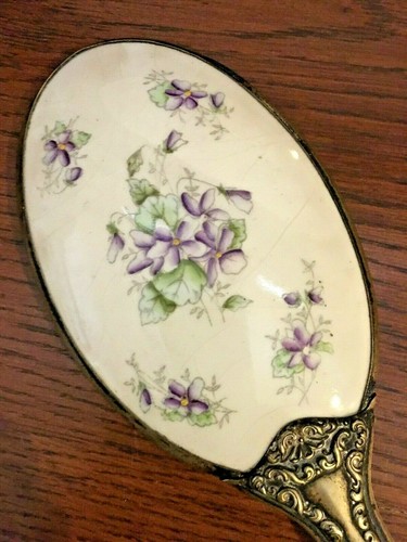 VINTAGE (2) Hand Mirror Porcelain Hand-Painted Purple Pansies & Pink Roses - Picture 2 of 12
