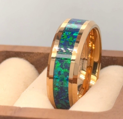 Emerald Green Opal Inlay Band Roes Gold Tungsten Ring Holiday Gift Band