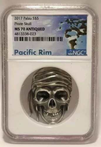 2017 Palau $5 Silver Pirate Skull Antiqued NGC MS70 Extremely Limited Mintage 