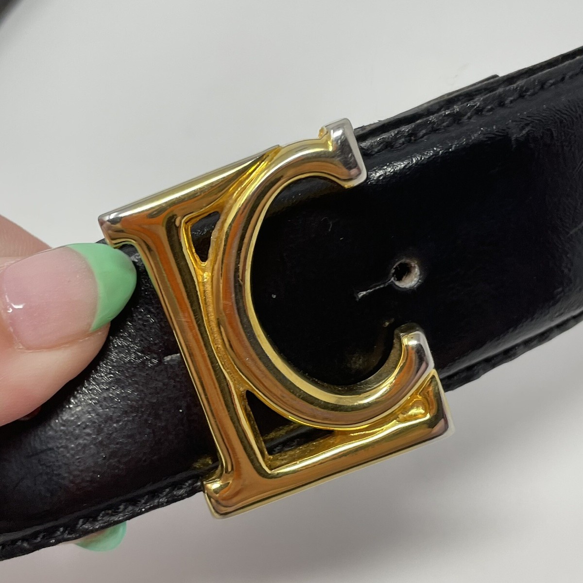 VTG Les Copains Womens Black Leather Belt Gold Size 2 LC 