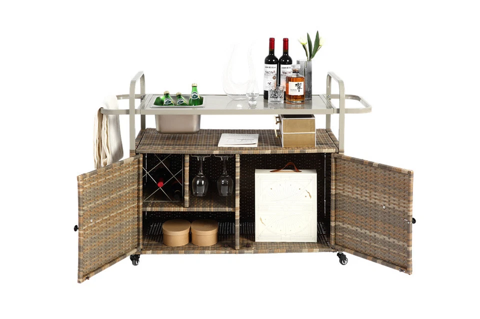 Outdoor Bar Table, Wicker Bar Cart with Cabinet, Patio Serving Cart for Garden B - Image 2 of 4