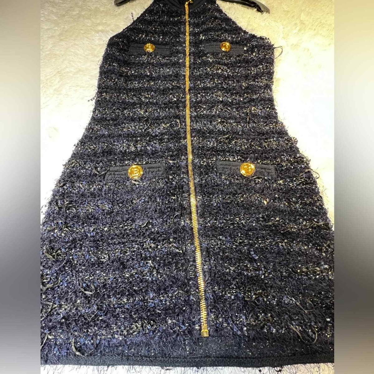 BALMAIN Metallic Tweed Dress Short Sleeveless Zipped Blue sz