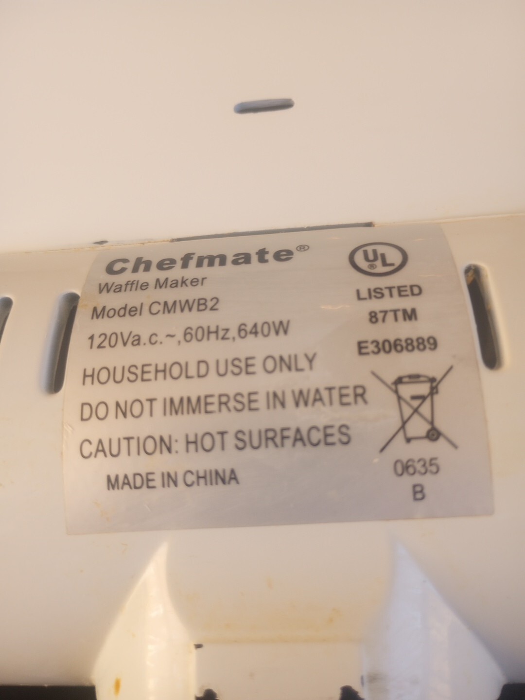 Vtg Chefmate 2 Slice Waffle Maker White Standard Model: CMWB2 120V 640W Tested 