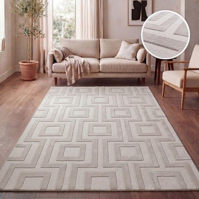Teppich Wohnzimmer, moderne geometrisch abstrakte Muster, 3D-Effekt Beige