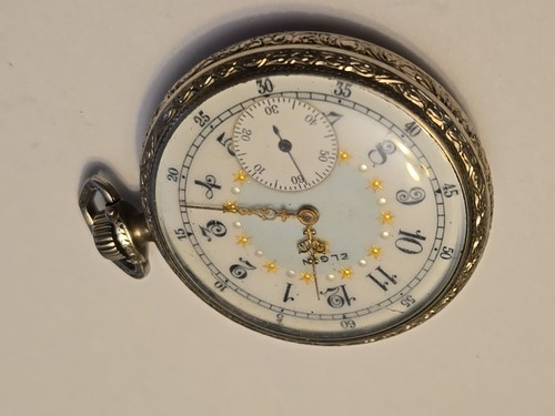 Antique 12s 1914 Elgin Multicolor Mechanical Pocket Watch 344 14k White GF Runs - Picture 6 of 11