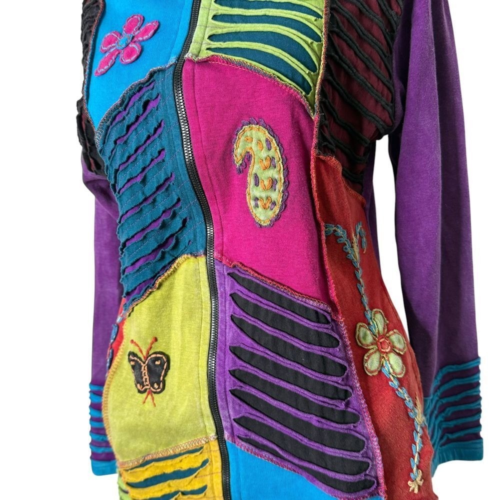 BOHO Patchwork Long Tunic Hoodie Jacket Size M Hi… - image 4